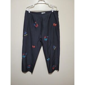 Allison Taylor Silk Blend Crop Pants Women Size 14 Black Butterfly Embroider